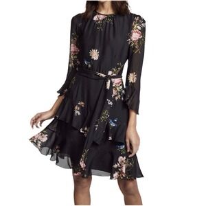 Joie Kayane Asymmetric Silk Ruffle Black Floral Bird Dress Sz 2